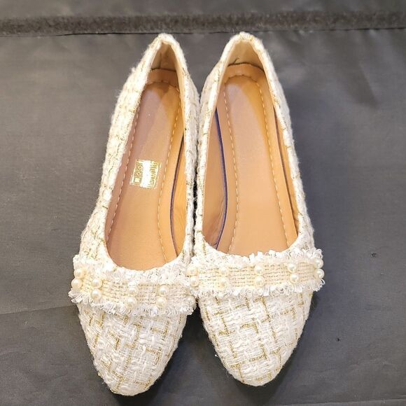 BRAND NEW SIFAYF FAUX PEARL   ELEGANT BALLET PLAID PATTERN TWEED BALLET FLAT - Picture 3 of 15